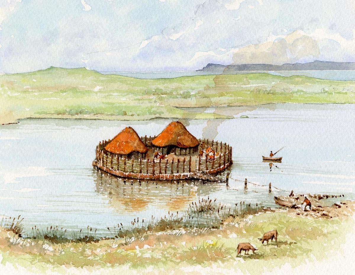 Image of a crannóg near the lakeshore